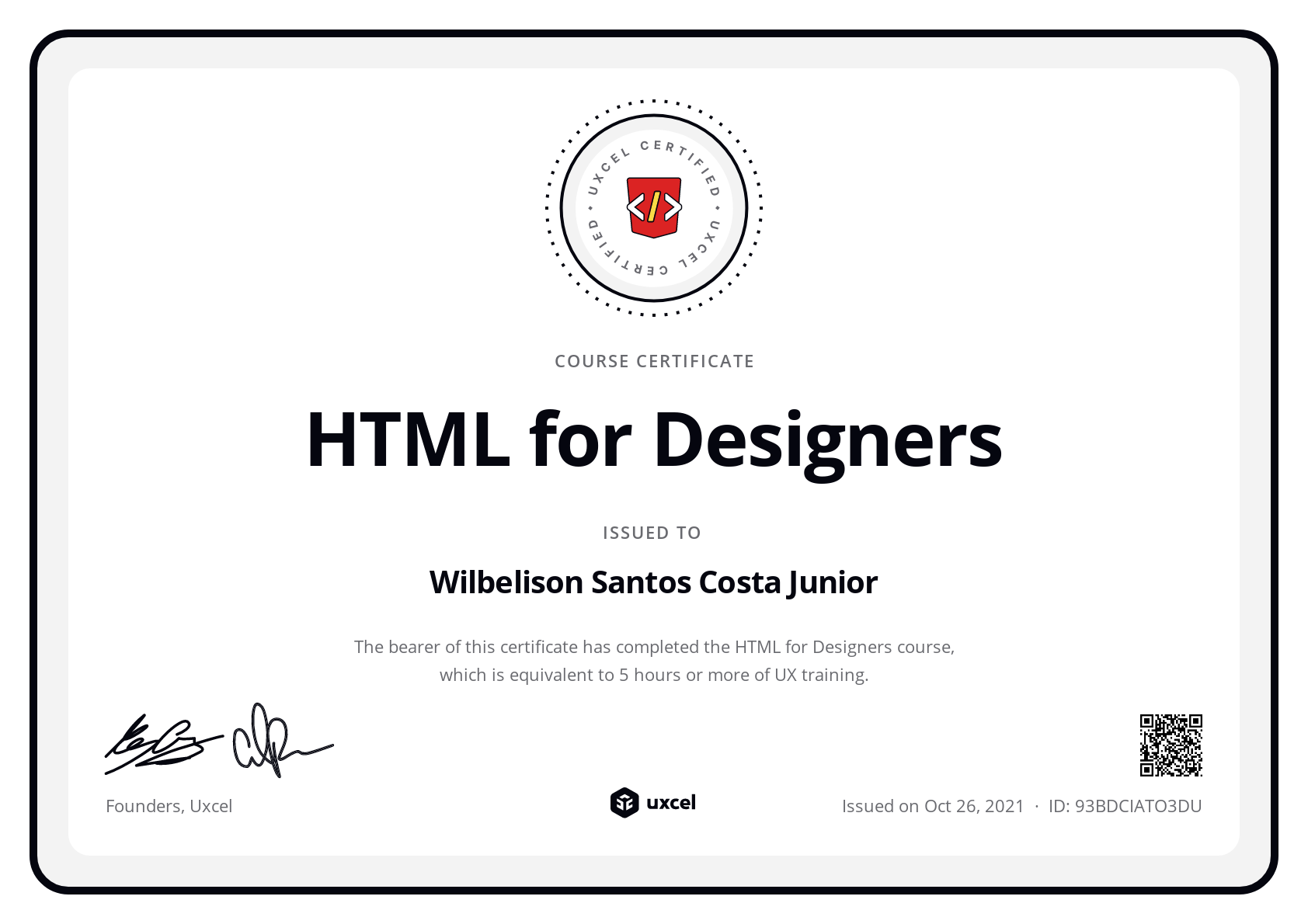 Wilbelison Santos Costa Junior's certificate